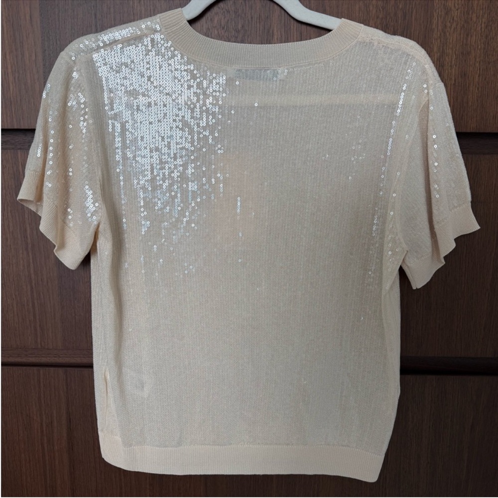 ZARA Cream Short Sleeve Knit Top S ivory cream beige with clear sequins - Picture 2 of 2